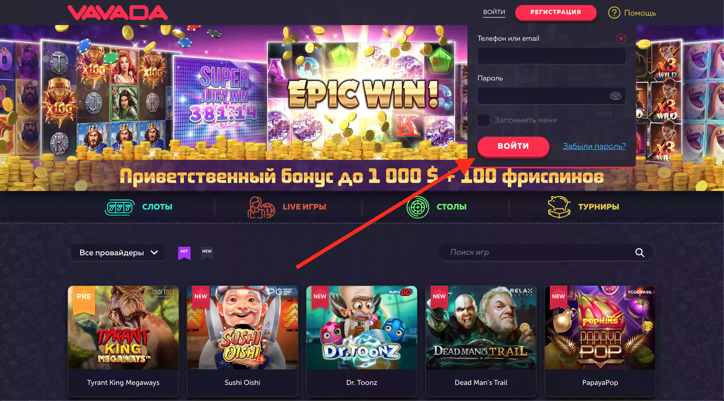 Вход на Вавада